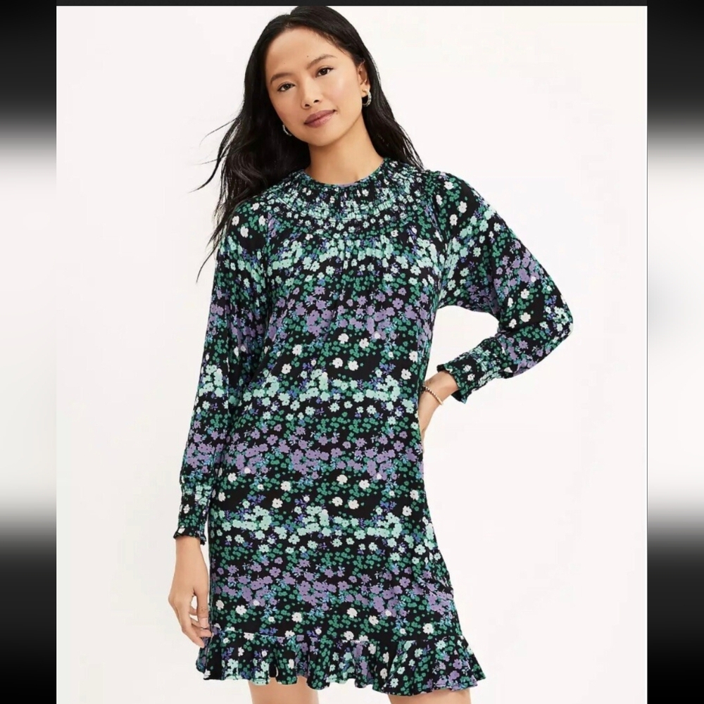 LOFT Black Floral Long-Sleeve Ruffle Hem Dress